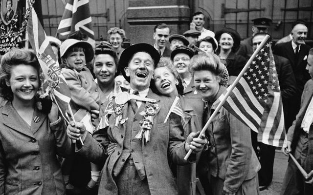 Crowds in London celebrate VE Day on May 8, 1945.\n