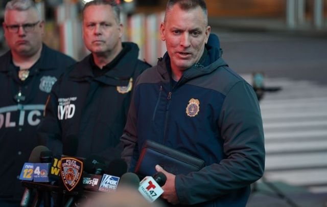 NYPD Commissioner Dermot Shea during a press briefing at Times Square on Saturday. 