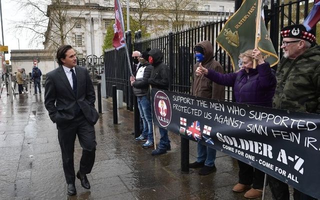 Conservative MP Johnny Mercer celebrates with veterans supporters in Belfast last week after two former British paratroopers were acquited of the murder of IRA member Joe McCann. 