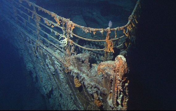 The Titanic\'s bow on the ocean floor.