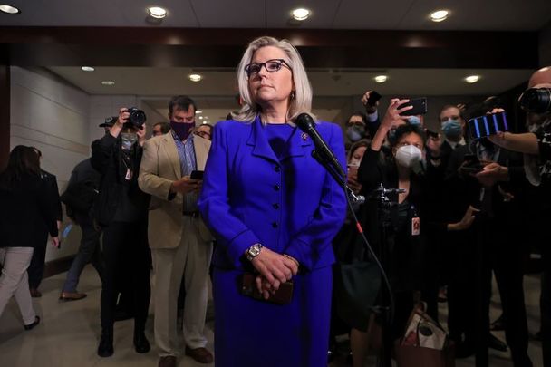 May 12, 2021:  Rep. Liz Cheney (R-WY) talks to reporters after House Republicans voted to remove her as conference chair.
