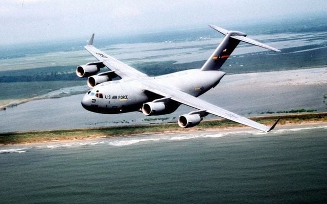 A C-17 Globemaster III flies over California. 
