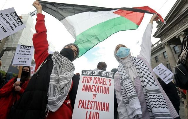 May 22, 2021: Fatima Aydi and Hebba Maarouf, who are both Palestinian, at a March for Palestine in Dublin.