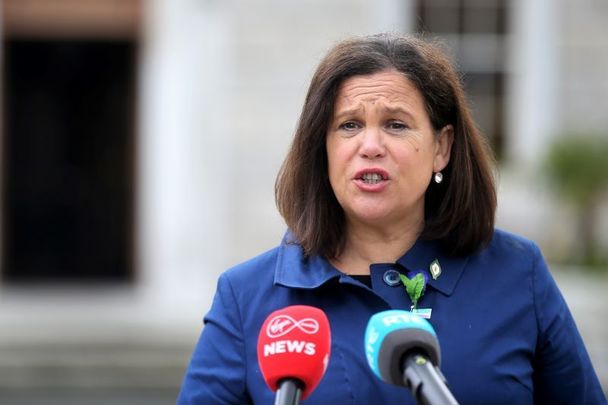 April 9, 2021: Sinn Féin President Mary Lou McDonald speaking on the Plinth outside Leinster House in Dublin. 