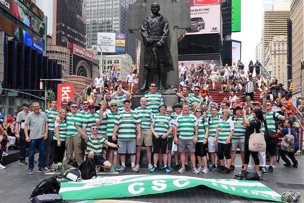 Participants in the 2019 Celtic FC Foundation New York walk at Duffy Square in Times Square.