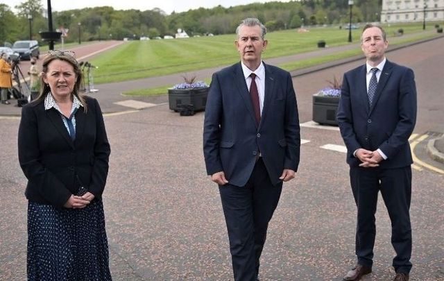 May 14, 2021: Edwin Poots (C) pictured at Stormont after being elected as the new Democratic Unionist party leader alongside new deputy leader Paula Bradley (L) and Paul Givan (R) in Belfast, Northern Ireland. 