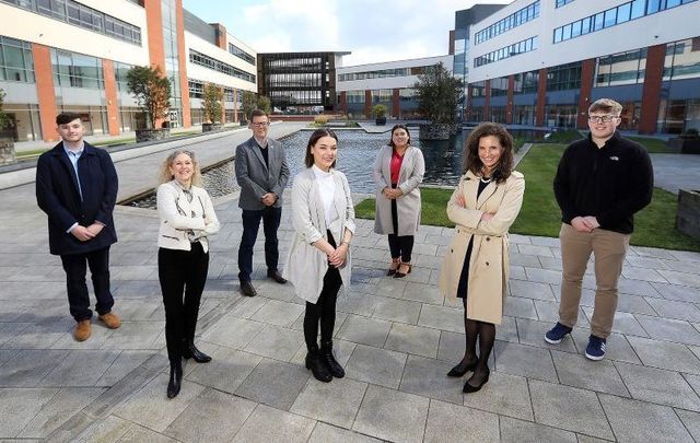 (L-R) Jonathan Forbes, Student at Belfast Metropolitan College; Louise Ward Hunter, CEO at Belfast Metropolitan College; Glen McMahon, International Manager at Belfast Metropolitan College; Kelly Welsh, Student at Belfast Metropolitan College; Hannah Rooney, WIP Program Associate; Elizabeth Kennedy Trudeau, U.S. Consul General; Jack William Bresland, Student at Belfast Metropolitan College.