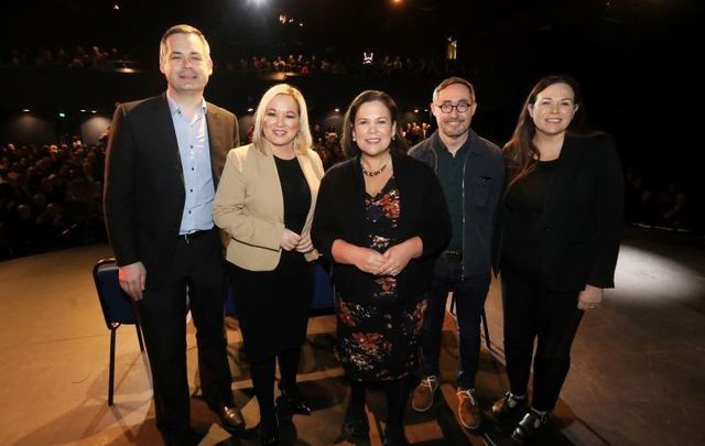 February 2020: (L to R) Sinn Féin TD Pearse Doherty, Sinn Féin Vice President Michelle O\'Neill, Sinn Féin President Mary Lou McDonald, TD Eoin Ó Broin, and TD Louise O\'Reilly. 