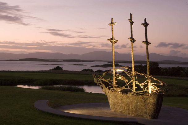 A statue of a \"coffin ship\": Ireland\'s National Famine Memorial, near Murrisk, County Mayo.