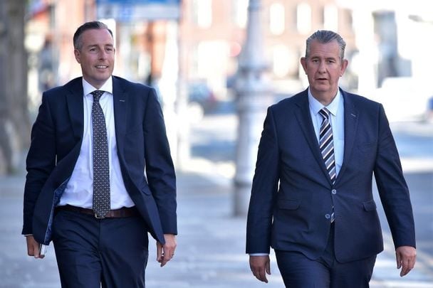 June 3, 2021: DUP leader Edwin Poots (R) and Paul Givan (L) arrive outside Government Buildings in Dublin before meeting with Taoiseach Micheal Martin.