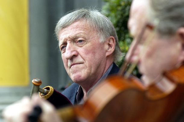 Members of the Chieftains Paddy Moloney and Sean Keane (fiddle) on the steps of the National Concert Hall in 2004.