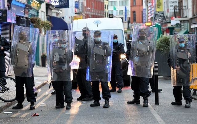 June 5, 2021: Members of the An Garda Siochana Public Order unit move on crowds of people in Dublin City Center on Saturday night in Dublin.