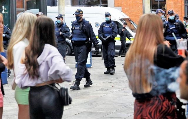 June 6, 2021: Garda Siochana Public Order arrive in Temple Bar Dublin 