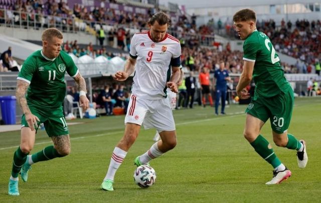 June 8, 2021: Adam Szalai of Hungary is challenged by James McClean and Dara O\'Shea of Republic of Ireland during the international friendly match between Hungary and Republic of Ireland at Szusza Ferenc Stadion on in Budapest, Hungary.