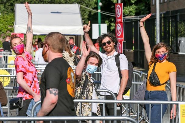 June 10, 2021: (L to R) Niamh Talbot, Brian and Connor Cusack, and Leah Brennan arriving at the Iveagh Gardens to see James Vincent McMorrow perform the first in a series of live pilot concerts. 