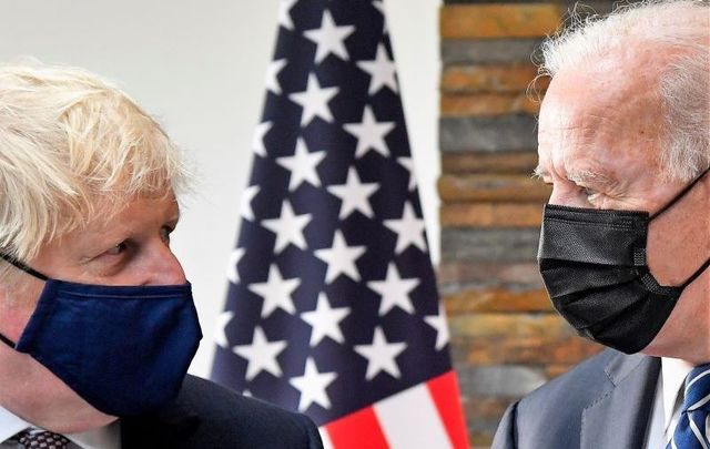 June 10, 2021: UK Prime Minister Boris Johnson speaks with U.S. President Joe Biden at Carbis Bay Hotel near St Ives, England.