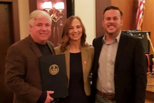 Pennsylvania State Representative Mike Driscoll, Carmel Quinn of the Ballymurphy Massacre Campaign, and Representative Kevin Boyle at AOH Freedom for All Ireland event in Philadelphia.