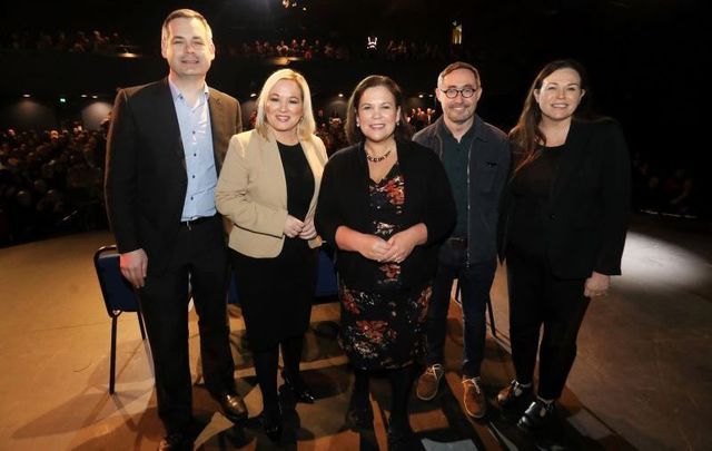 February 25, 2020: (L to R) Pearse Doherty, Michelle O\'Neill, Mary Lou McDonald, Eoin O\'Broi,n and Louise O\'Reilly at a Sinn Fein public rally in Liberty Hall, Dublin.