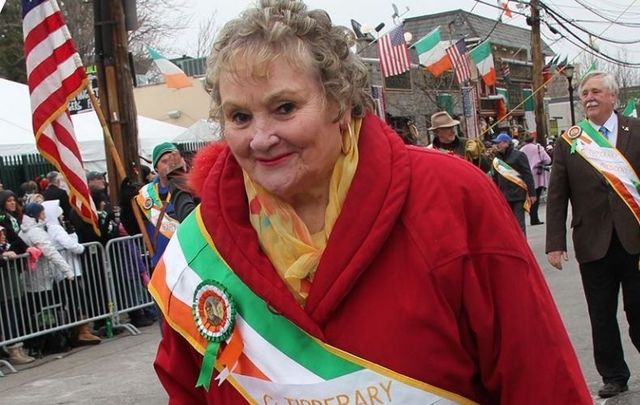 Therese Crowe marching on McLean Avenue in Yonkers during a St. Patrick\'s Day parade.