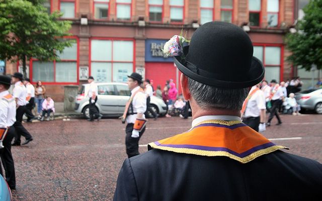 An Orange Order parade, around the Twelfth of July, in Northern Ireland.