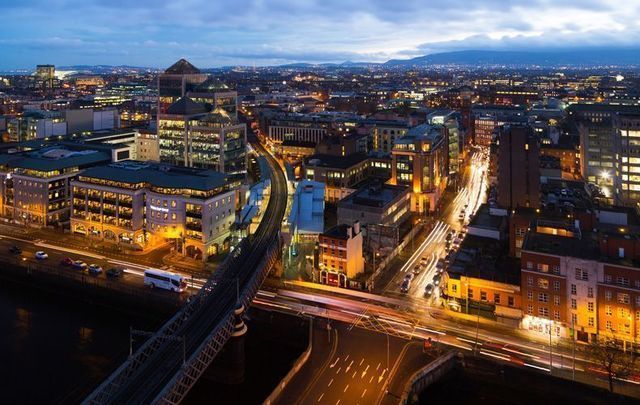 Dublin City skyline at night.