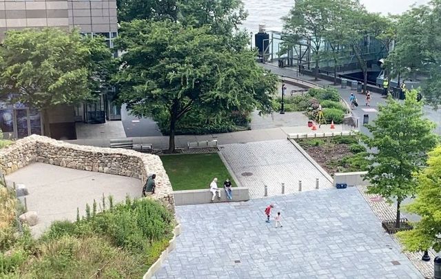 Surveyors were pictured near the Irish Hunger Memorial in Battery Park City on July 10, 2021.