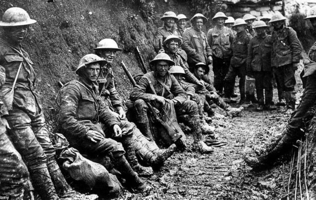 Soldiers in the trenches during World War I.