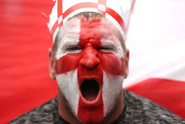 An English football fan photographed outside Wembley Stadium, in London, before the Euro 2020 final against Italy.