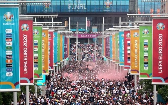 Crowds gather at Wembley Way on Sunday afternoon. 