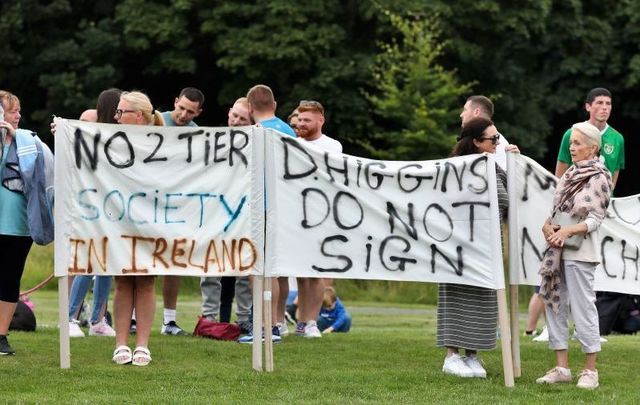 July 15, 2021: Protestors gather outside Áras an Uachtaráin, the residence of the President of Ireland, in Dublin\'s Phoenix Park. 