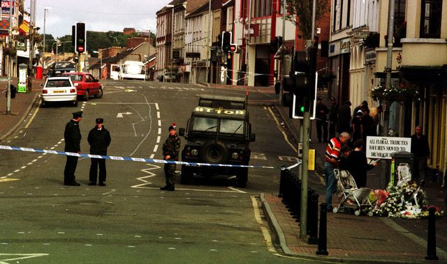 British Army in the town of Omagh, in County Fermanagh, following the bombing by the Real IRA, in 1998.