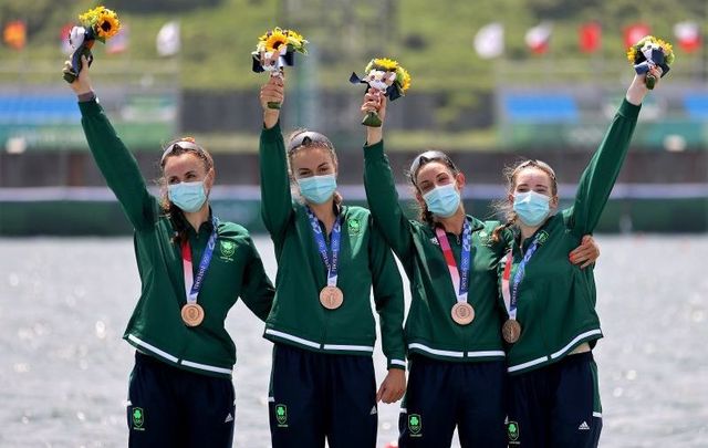 July 28, 2021: Bronze medalists Aifric Keogh, Eimear Lambe, Fiona Murtagh and Emily Hegarty of Team Ireland during the medal ceremony for the Women\'s Four Final A on day five of the Tokyo 2020 Olympic Games at Sea Forest Waterway in Tokyo, Japan.