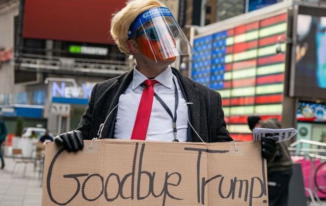 January 20, 2021: A person dressed as Donald Trump in Times Square, New York City to watch Joe Biden sworn in as 46th President Of The United States.