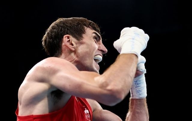 July 30, 2021: Aidan Walsh of Team Ireland celebrates after beating Merven Clair of Team Mauritius during the Men\'s Welter (63-69kg) quarter-final on day seven of the Tokyo 2020 Olympic Games at Kokugikan Arena.