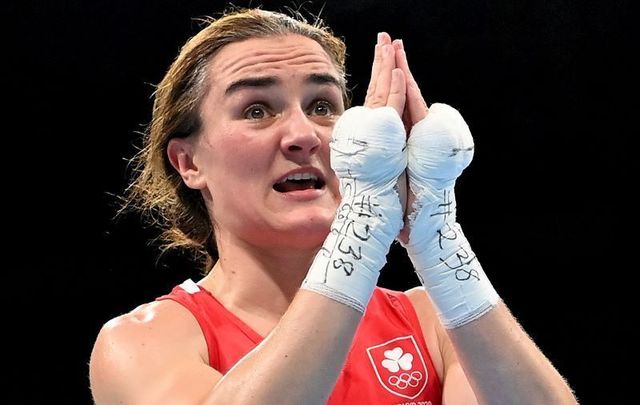 August 3, 2021: Kellie Harrington of Team Ireland celebrates victory over Imame Khelif of Team Algeria during the Women\'s Light (57-60kg) quarter-final on day eleven of the Tokyo 2020 Olympic Games at Kokugikan Arena in Tokyo, Japan. 