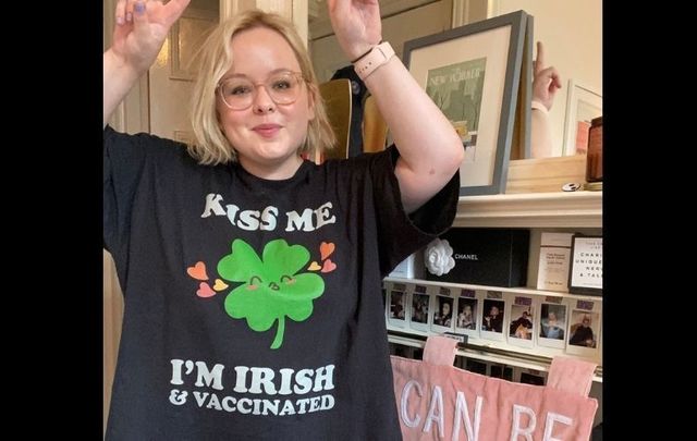 Nicola Coughlan in her \"Kiss Me I\'m Irish and Vaccinated\" shirt urging people to get the jab.