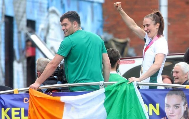 August 10, 2021: Irish Olympian boxers Kellie Harrington and Emmett Brennan wave to supporters upon their return to their native Dublin after the 2020 Tokyo Olympics.