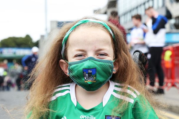 Limerick fan (PERMISSION GRANTED) Nikki Hayes (12) wearing a face mask outside Croke Park this afternoon where All-Ireland Senior Hurling Championship semi-final.