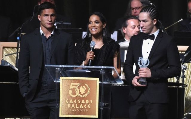 Nico Ali-Walsh (left) with his mother Rasheda and brother Biaggio at a 50th anniversary gala at Caesar\'s Palace in 2016.