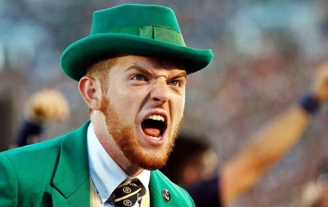 September 2, 2015: The Notre Dame Fighting Irish Leprechaun celebrates a touchdown against the Texas Longhorns during the first quarter at Notre Dame Stadium in South Bend, Indiana.
