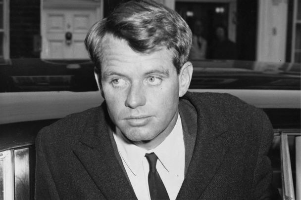 January 24, 1964: Robert Kennedy, the Attorney General of the United States, arriving at the home of Princess Lee Radziwill, sister of Jackie Kennedy.