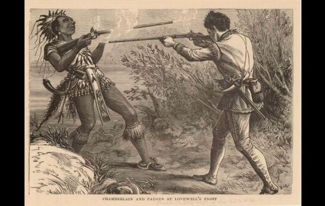 The death of Chief Pagus at the Battle of Pequawket in 1725 during Father Rale\'s War. The battle was the last major engagement between the English and the Wabanaki Confederacy in Governor Dummer\'s War. 