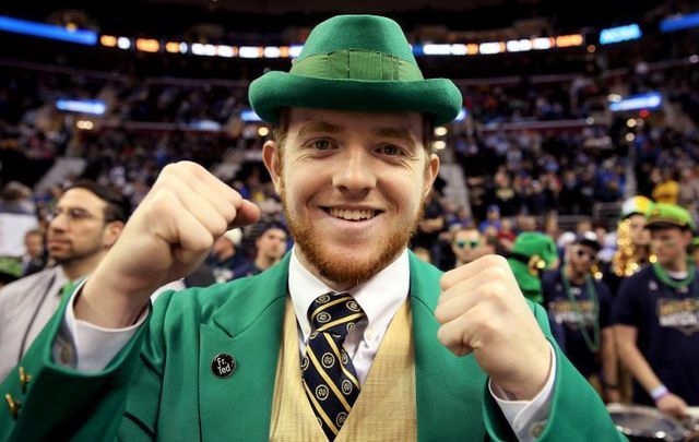 March 28, 2015: The Notre Dame Fighting Irish mascot looks on before the game against the Kentucky Wildcats during the Midwest Regional Final of the 2015 NCAA Men\'s Basketball Tournament at Quicken Loans Arena in Cleveland, Ohio.