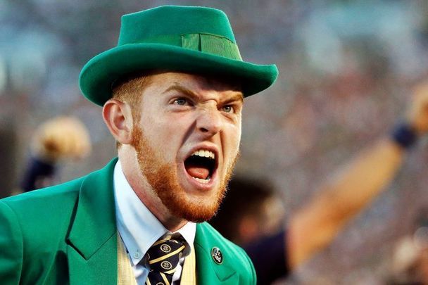 September 2, 2015: The Notre Dame Fighting Irish Leprechaun celebrates a touchdown against the Texas Longhorns during the first quarter at Notre Dame Stadium in South Bend, Indiana.