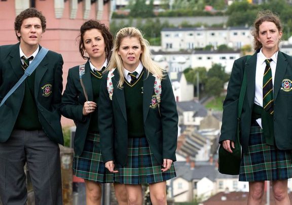 James (Dylan Llewellyn), Michelle (Jamie-Lee O\'Donnell), Erin (Saoirse-Monica Jackson), and Orla (Louisa Harland) from \"Derry Girls.\"