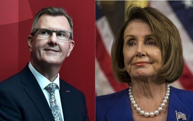 Sir Jeffrey Donaldson, head of the DUP in Northern Ireland, and Nancy Pelosi, US Speaker of the House.