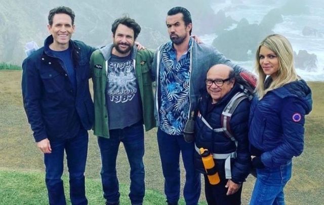 The stars of \'It\'s Always Sunny in Philadelphia\' - Glenn Howerton, Charlie Day, Rob McElhenney, Danny DeVito, and Kaitlin Olson - in what appears to be Ireland.