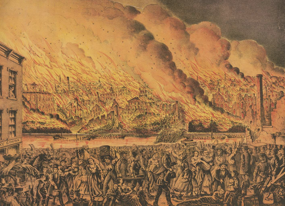 The Great fire at Chicago Oct. 9th 1871. View from the west side / Gibson & Co.\'s Steam Press