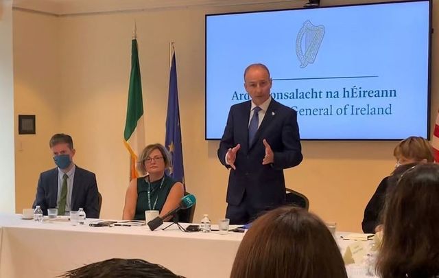 September 23, 2021: Taoiseach Micheál Martin speaking with Irish and Irish American groups at the Irish Consulate in New York City.