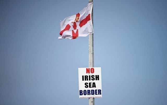 September 7, 2021: Anti-Irish sea border posters at the entrance to Larne harbour, one of the main entry points between Northern Ireland and the rest of the United Kingdom. 
